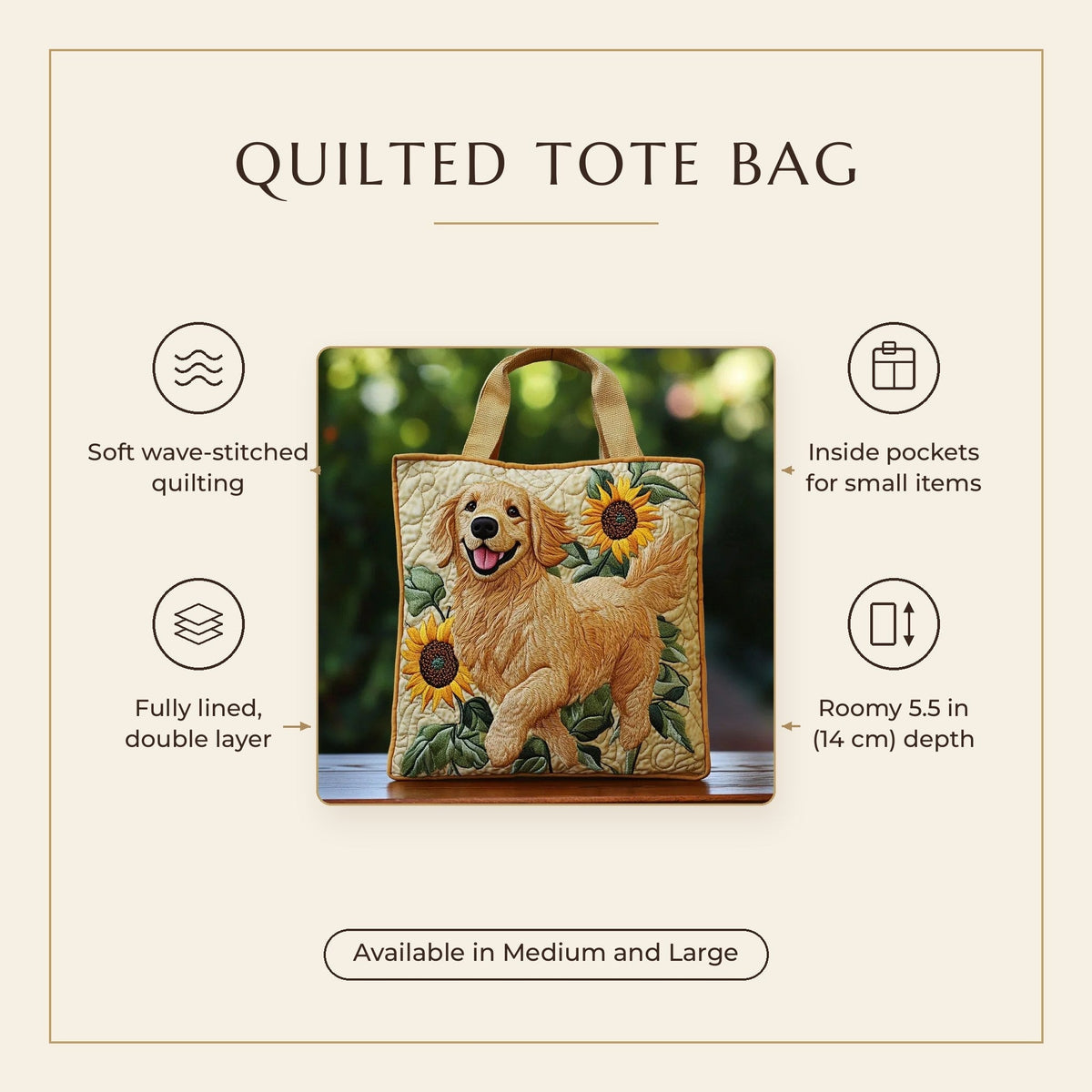 Quilted Tote Bag - Golden Retriever features infographic