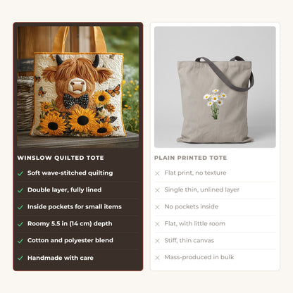 Quilted Tote Bag - Highland Cow with Sunflowers compared with a plain printed tote