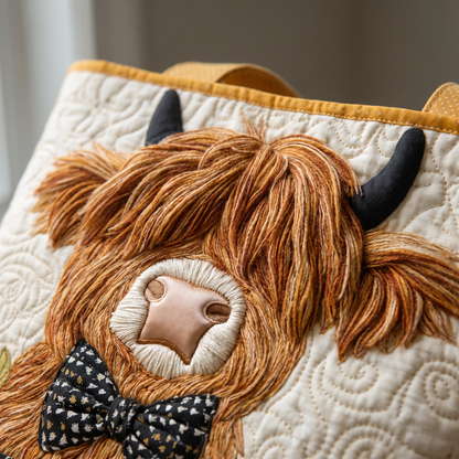 Quilted Tote Bag - Highland Cow with Sunflowers