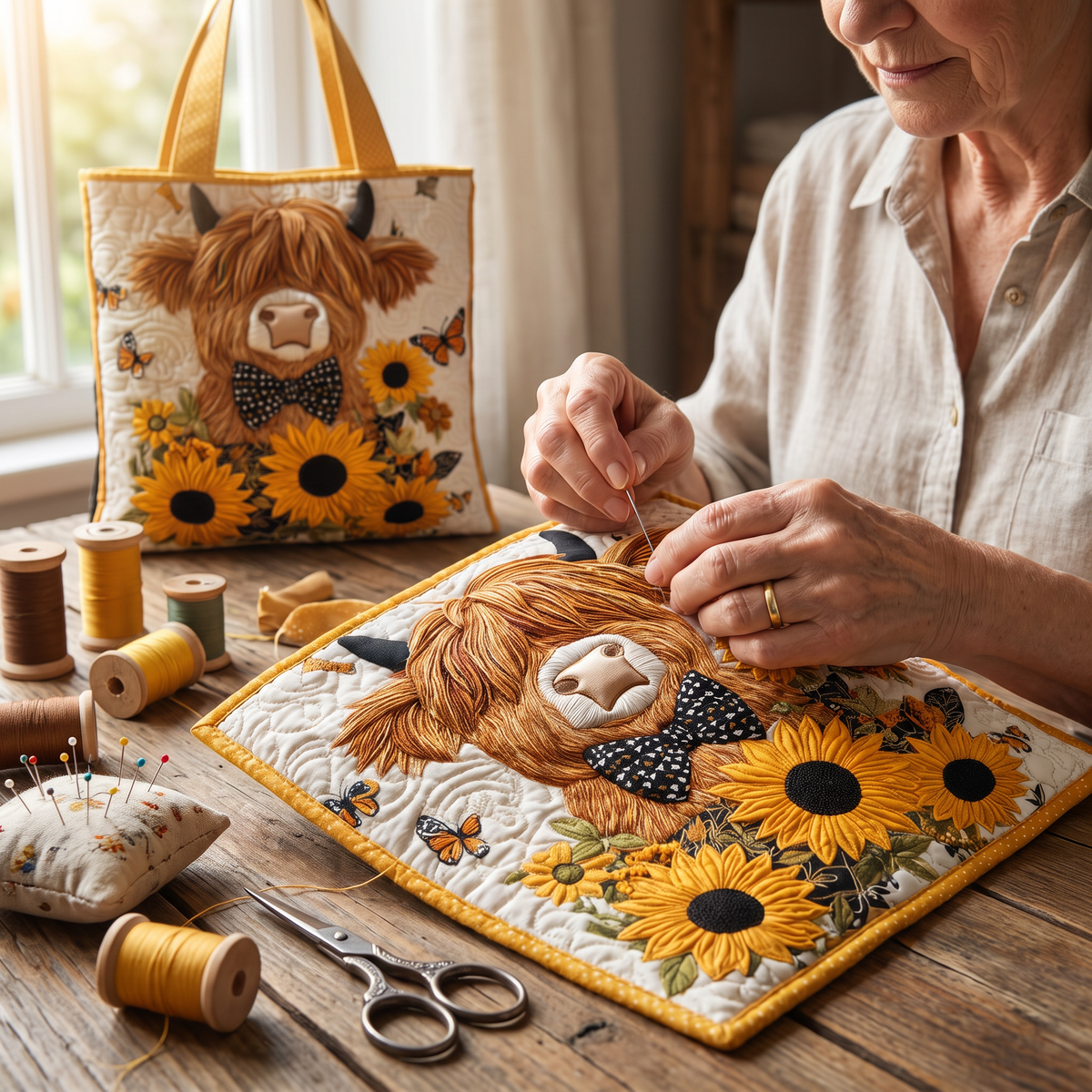 Quilted Tote Bag - Highland Cow with Sunflowers