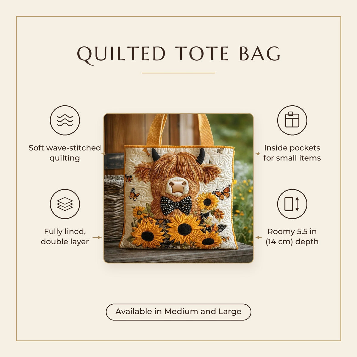 Quilted Tote Bag - Highland Cow with Sunflowers features infographic