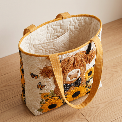Quilted Tote Bag - Highland Cow with Sunflowers