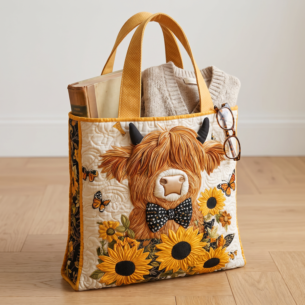 Quilted Tote Bag - Highland Cow with Sunflowers