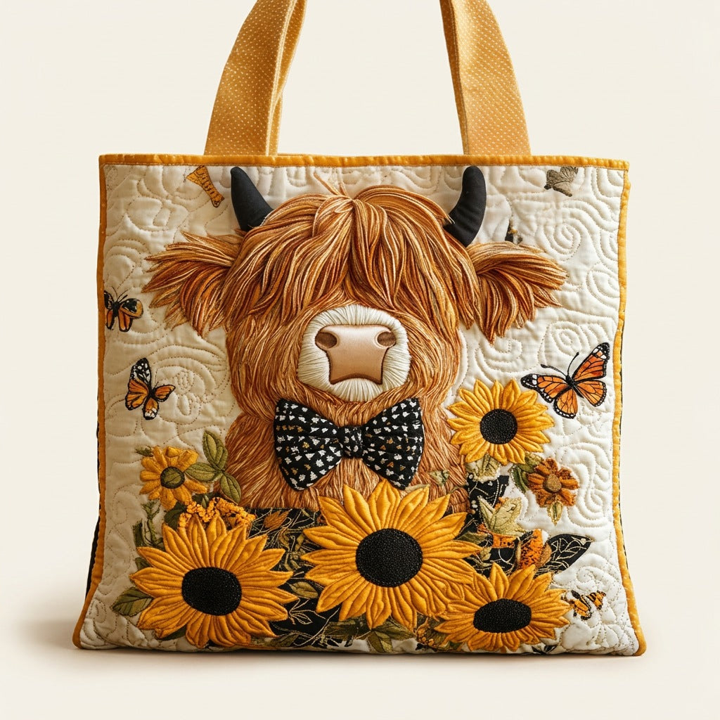 Quilted Tote Bag - Highland Cow with Sunflowers, studio photo