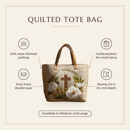 Quilted Tote Bag - Holy Cross features infographic