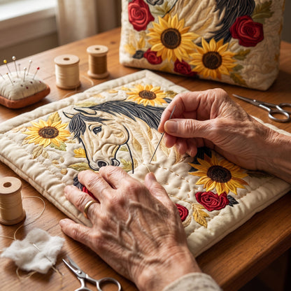 Quilted Tote Bag - Horse with Sunflowers and Roses