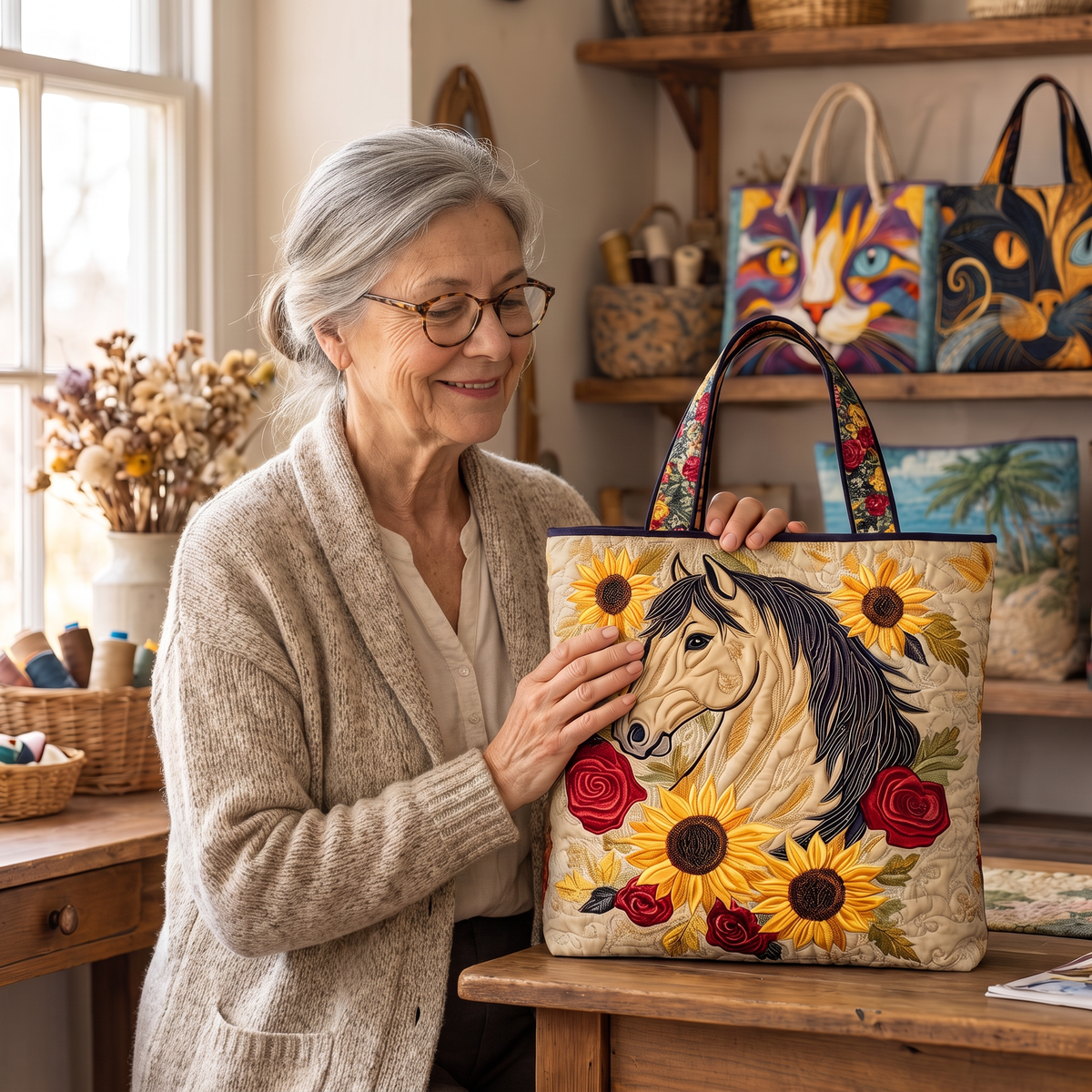 Quilted Tote Bag - Horse with Sunflowers and Roses