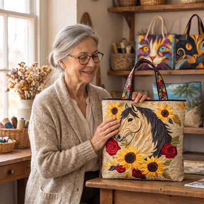 Quilted Tote Bag - Horse with Sunflowers and Roses