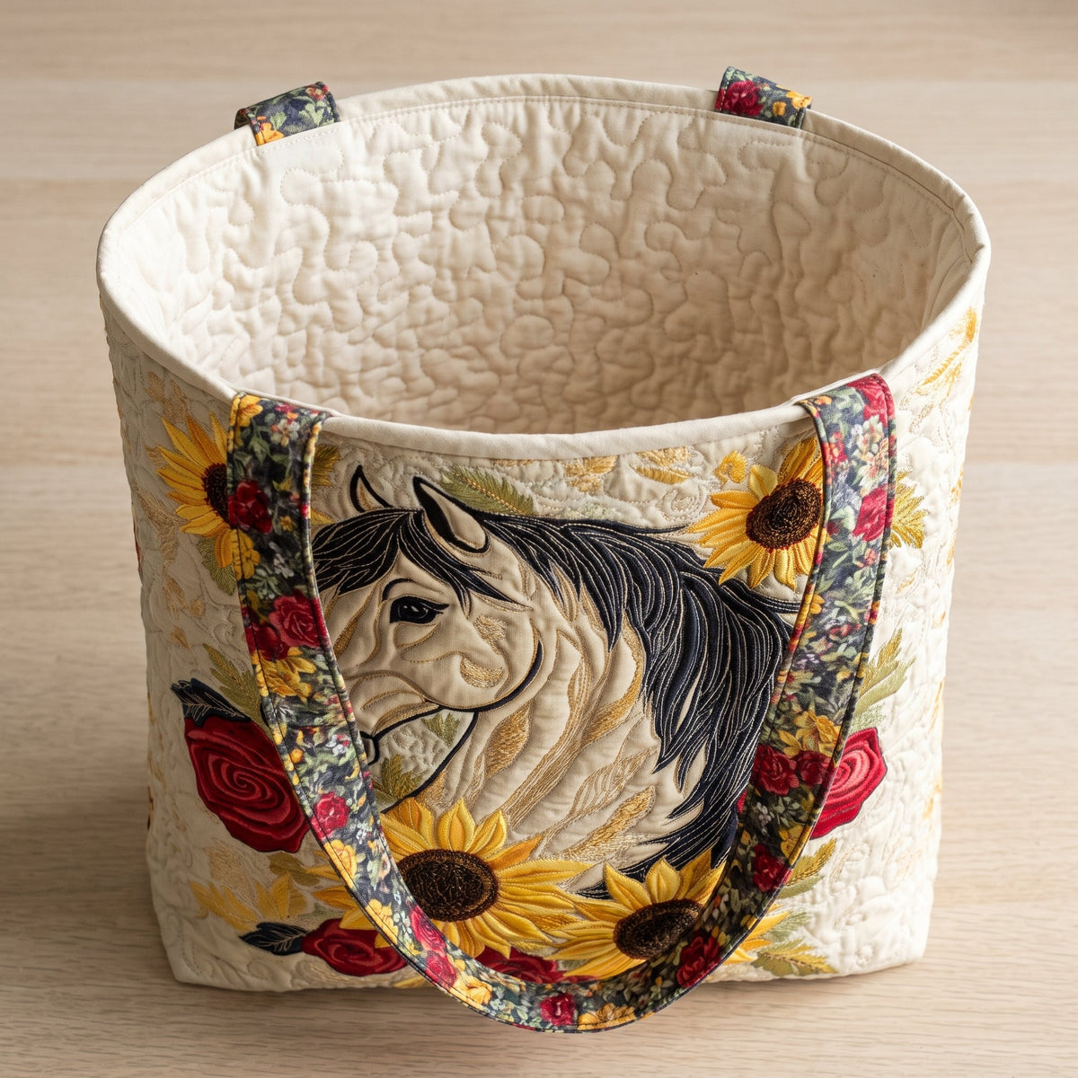 Quilted Tote Bag - Horse with Sunflowers and Roses