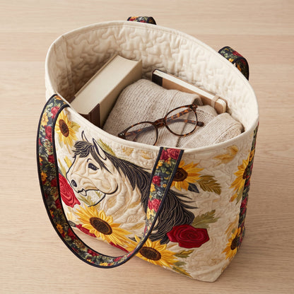 Quilted Tote Bag - Horse with Sunflowers and Roses