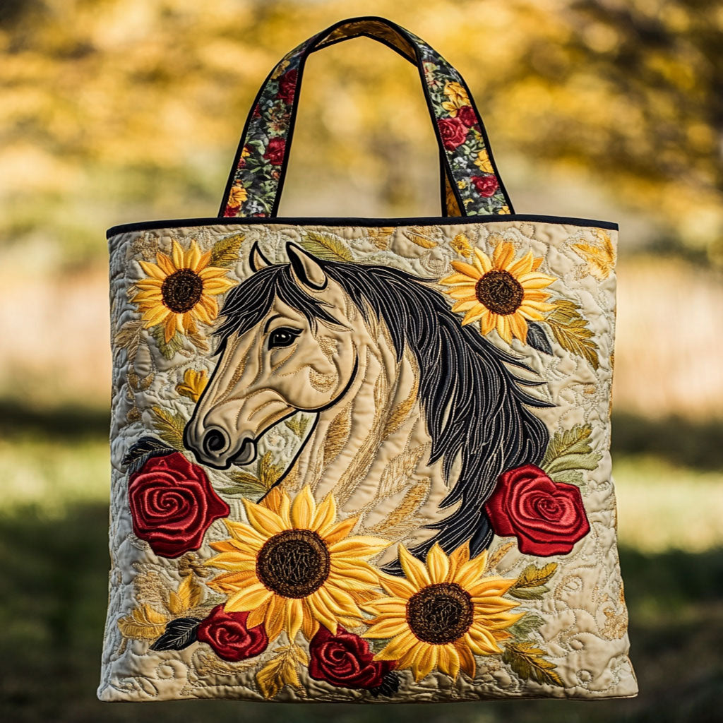 Quilted Tote Bag - Horse with Sunflowers and Roses