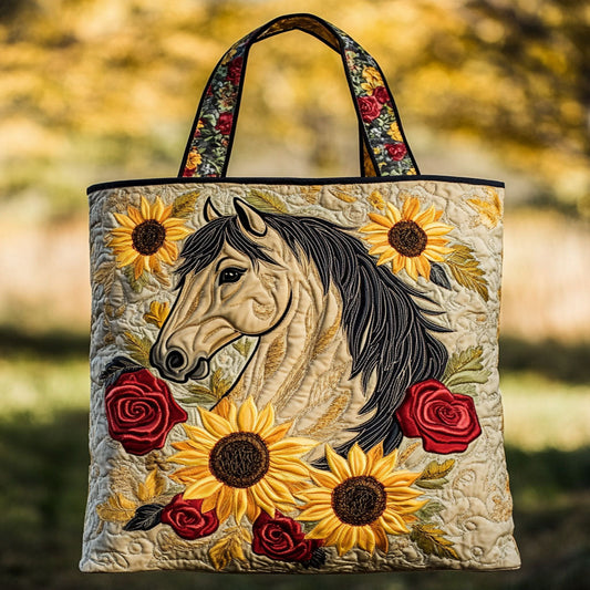 Quilted Tote Bag - Horse with Sunflowers and Roses