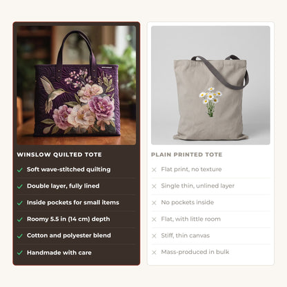 Quilted Tote Bag - Hummingbird and Pink Blooms compared with a plain printed tote