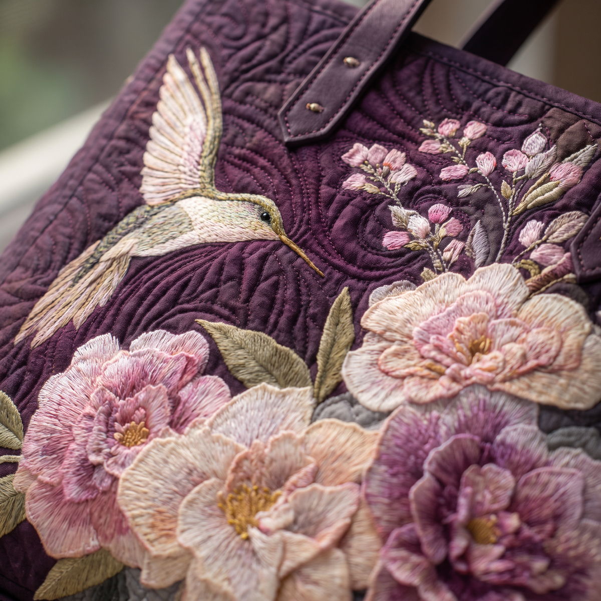 Quilted Tote Bag - Hummingbird and Pink Blooms