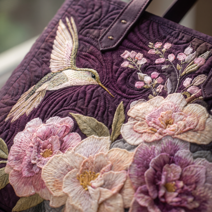 Quilted Tote Bag - Hummingbird and Pink Blooms