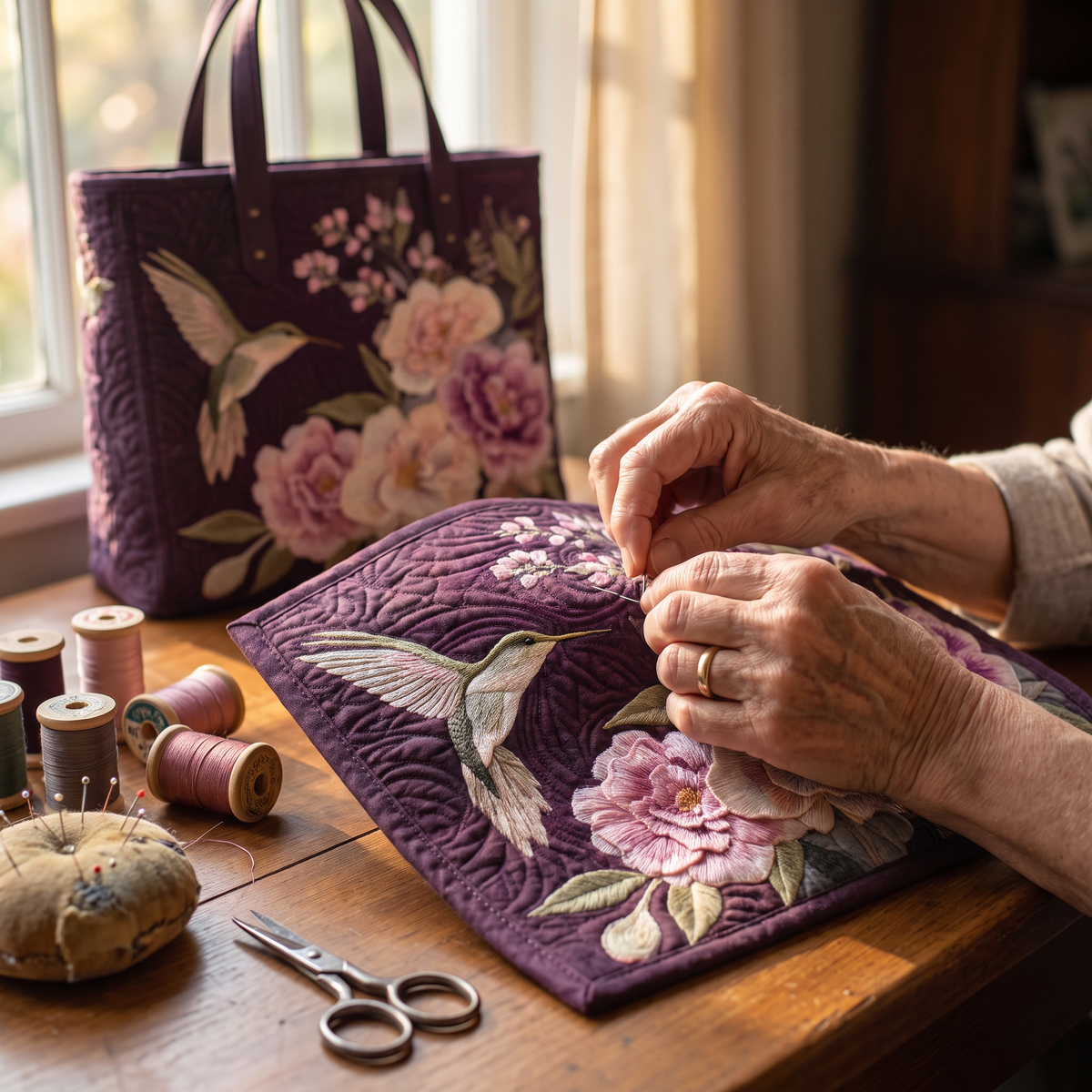 Quilted Tote Bag - Hummingbird and Pink Blooms