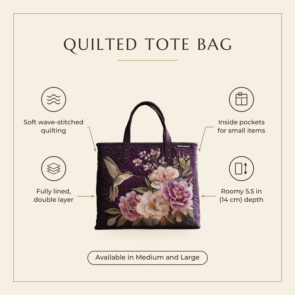 Quilted Tote Bag - Hummingbird and Pink Blooms features infographic