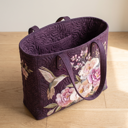 Quilted Tote Bag - Hummingbird and Pink Blooms