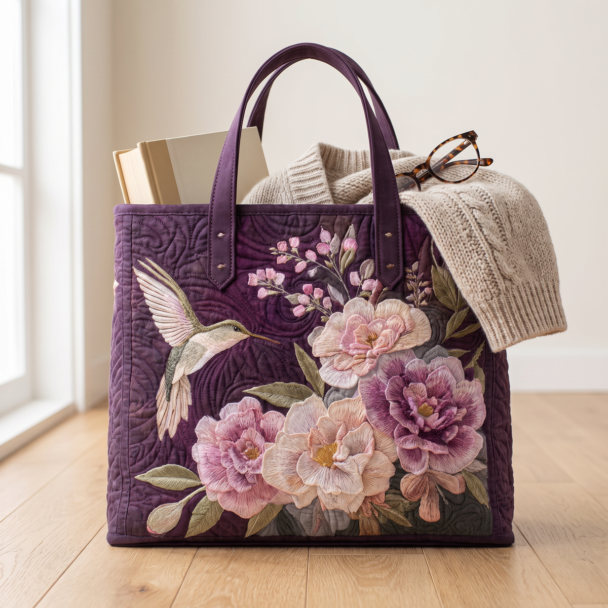 Quilted Tote Bag - Hummingbird and Pink Blooms
