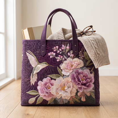 Quilted Tote Bag - Hummingbird and Pink Blooms