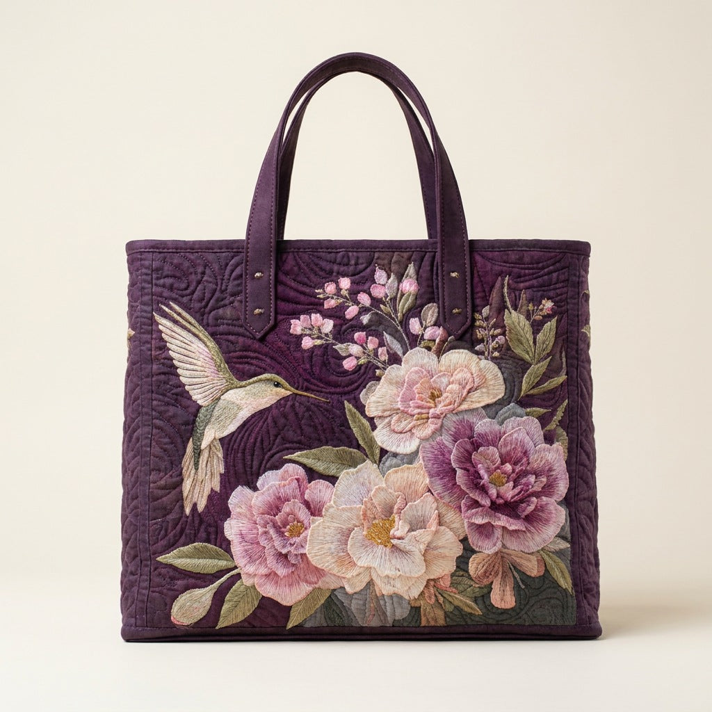 Quilted Tote Bag - Hummingbird and Pink Blooms, studio photo