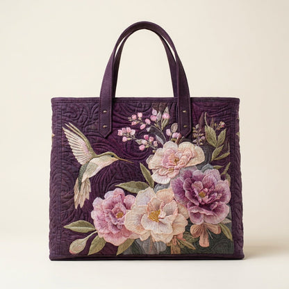 Quilted Tote Bag - Hummingbird and Pink Blooms, studio photo