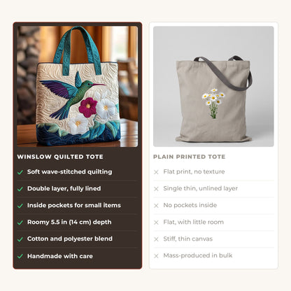 Quilted Tote Bag - Hummingbird and White Flowers compared with a plain printed tote