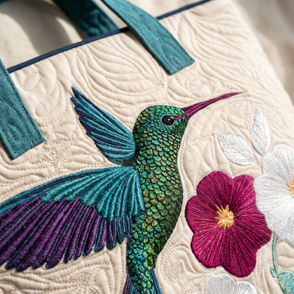 Quilted Tote Bag - Hummingbird and White Flowers