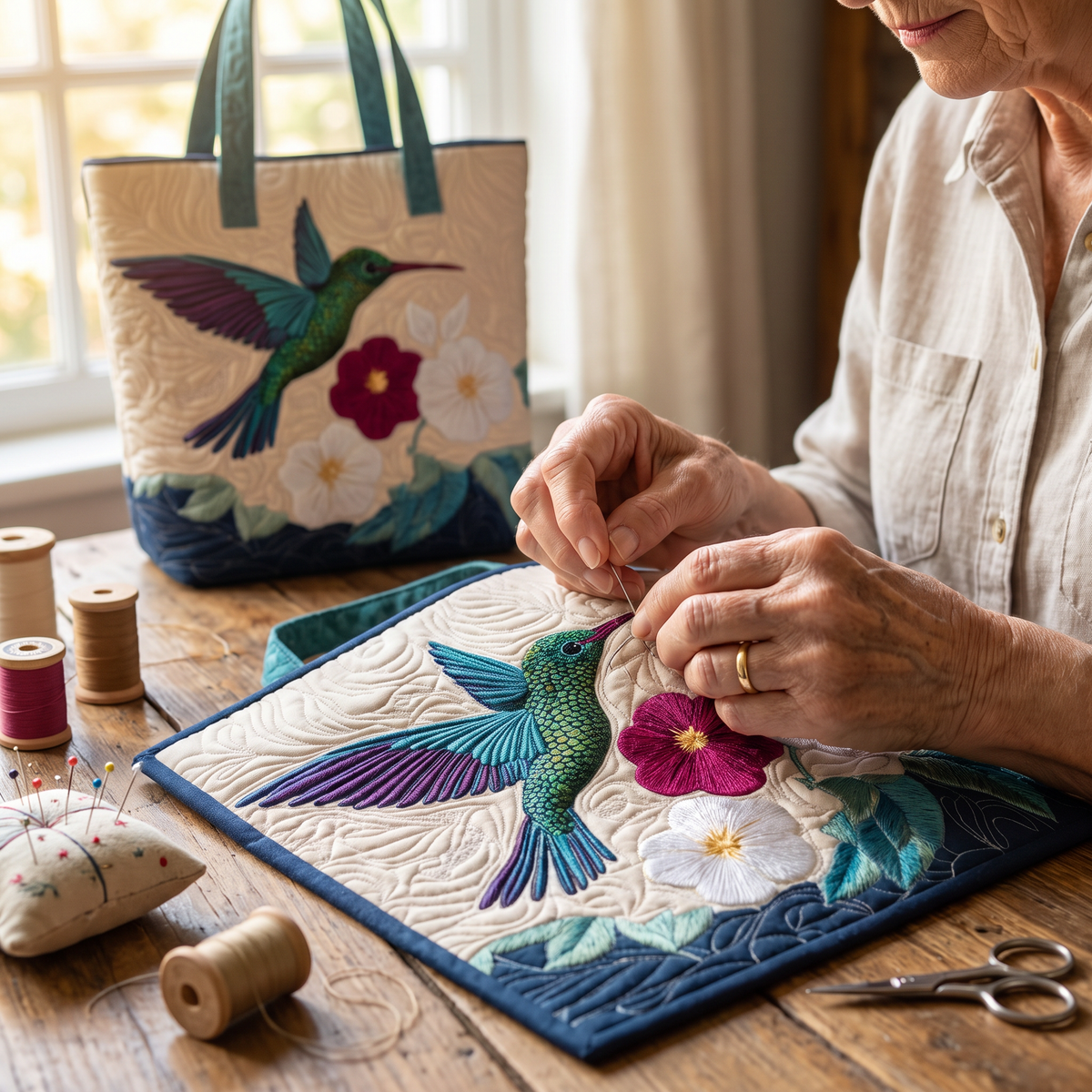 Quilted Tote Bag - Hummingbird and White Flowers