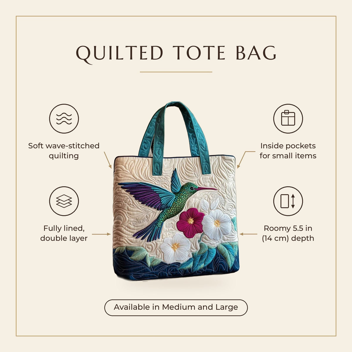 Quilted Tote Bag - Hummingbird and White Flowers features infographic