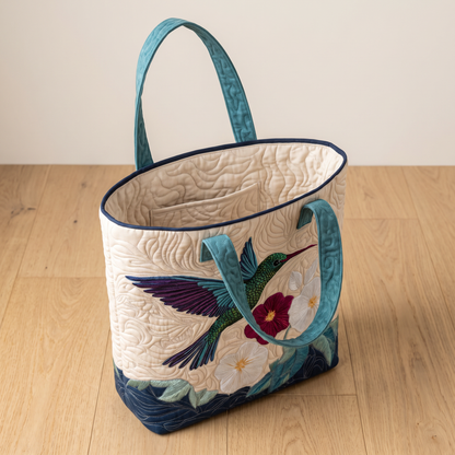 Quilted Tote Bag - Hummingbird and White Flowers
