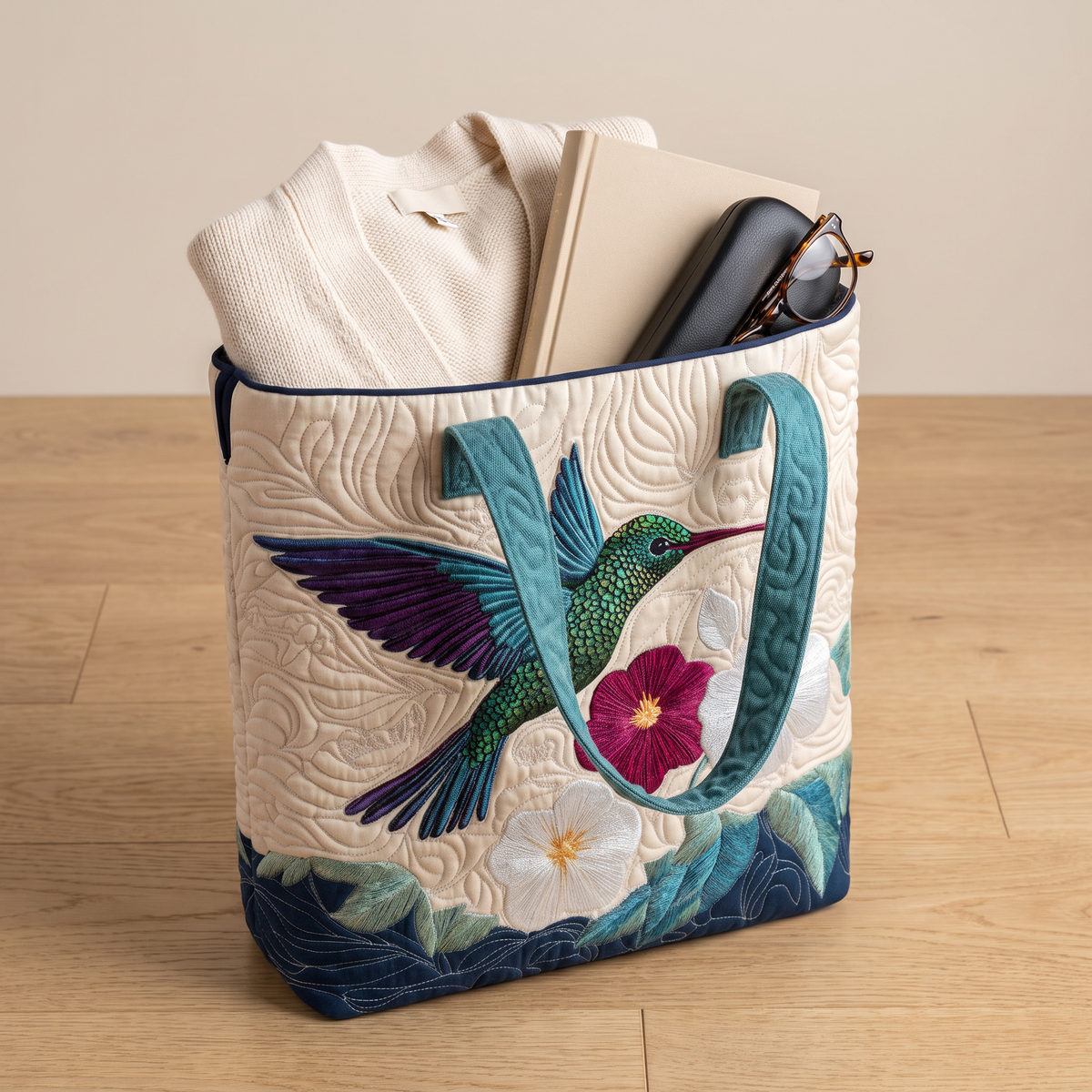 Quilted Tote Bag - Hummingbird and White Flowers
