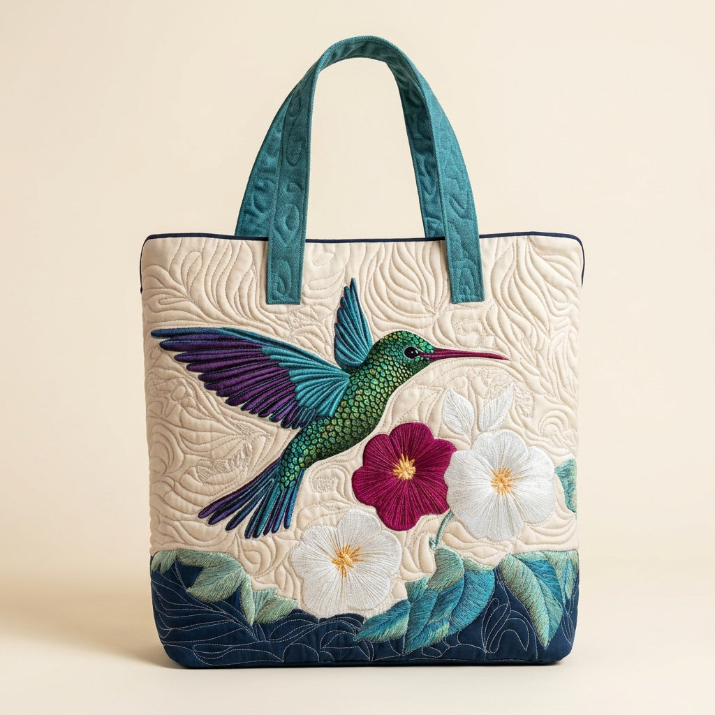 Quilted Tote Bag - Hummingbird and White Flowers, studio photo