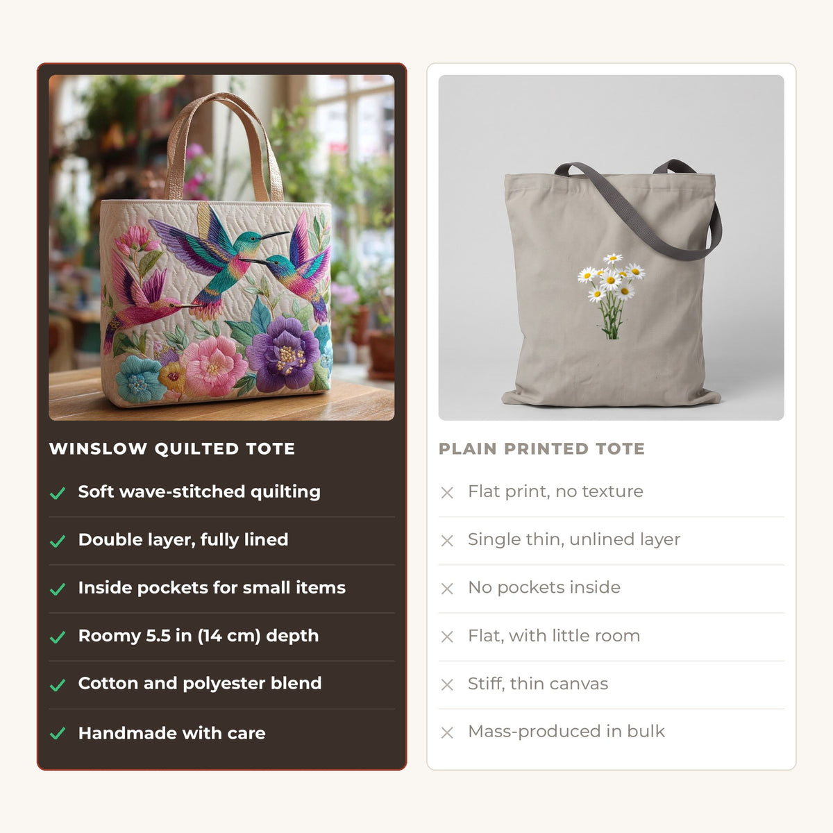 Quilted Tote Bag - Hummingbird Flower Garden compared with a plain printed tote