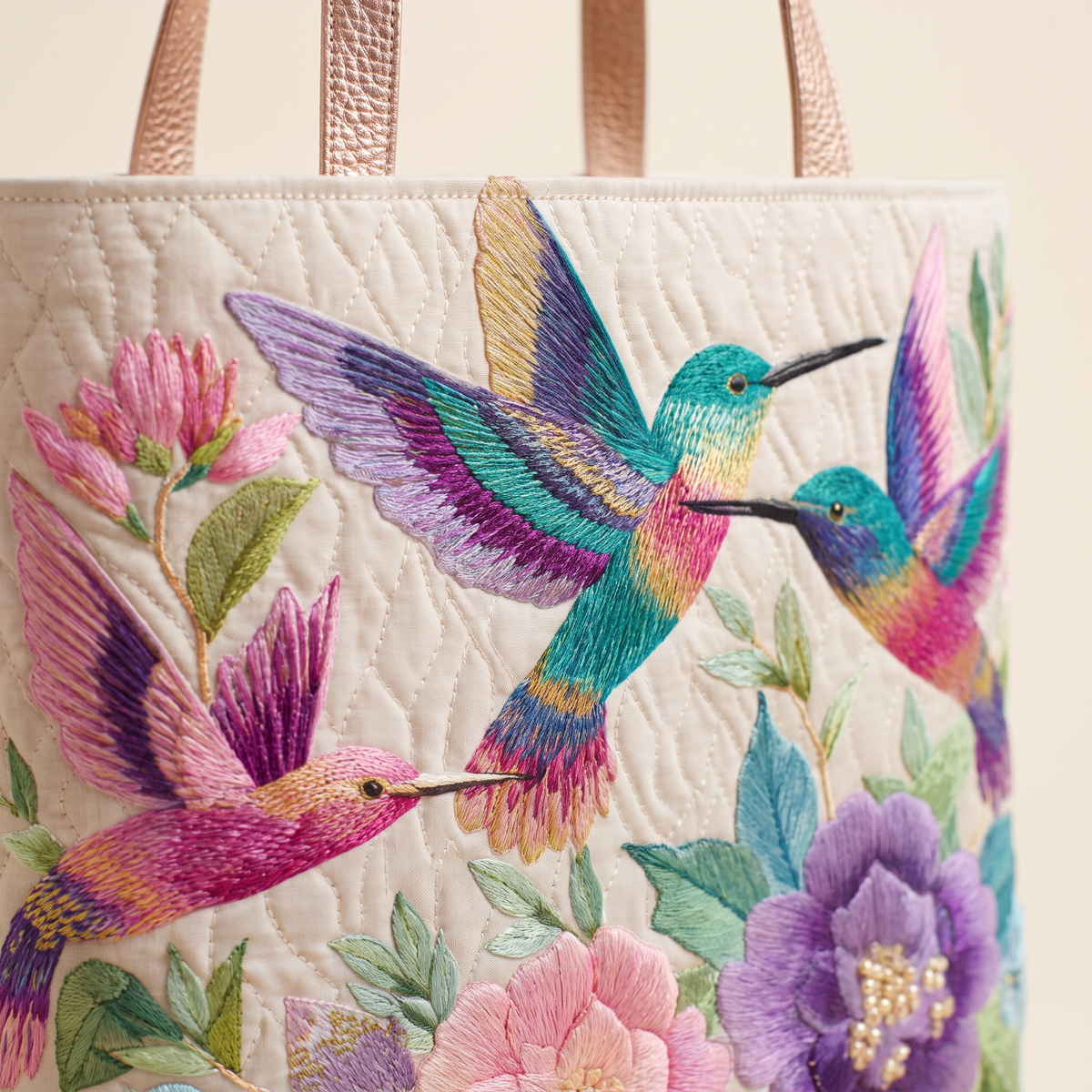 Quilted Tote Bag - Hummingbird Flower Garden