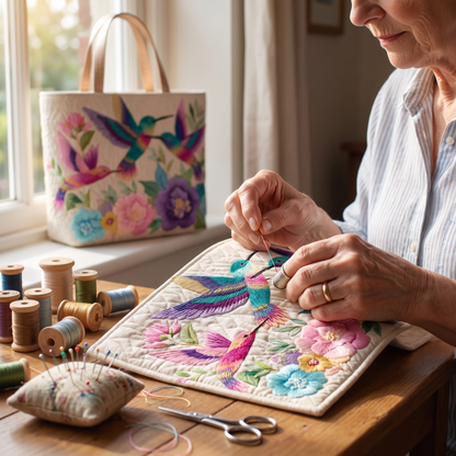 Quilted Tote Bag - Hummingbird Flower Garden