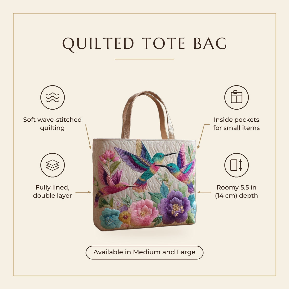 Quilted Tote Bag - Hummingbird Flower Garden features infographic