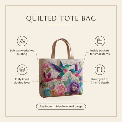 Quilted Tote Bag - Hummingbird Flower Garden features infographic