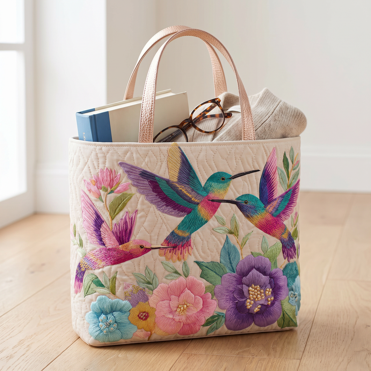 Quilted Tote Bag - Hummingbird Flower Garden