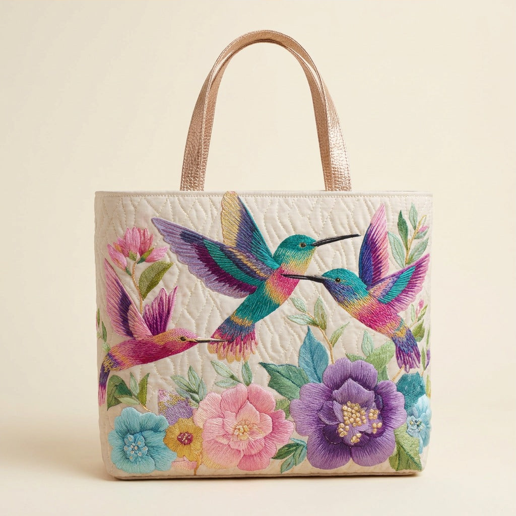 Quilted Tote Bag - Hummingbird Flower Garden, studio photo