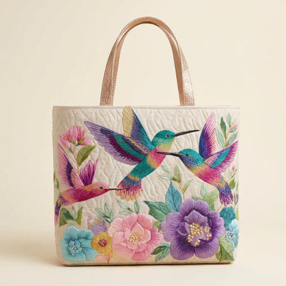 Quilted Tote Bag - Hummingbird Flower Garden, studio photo