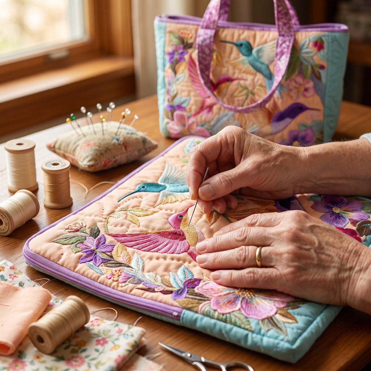 Quilted Tote Bag - Hummingbirds and Pastel Blooms