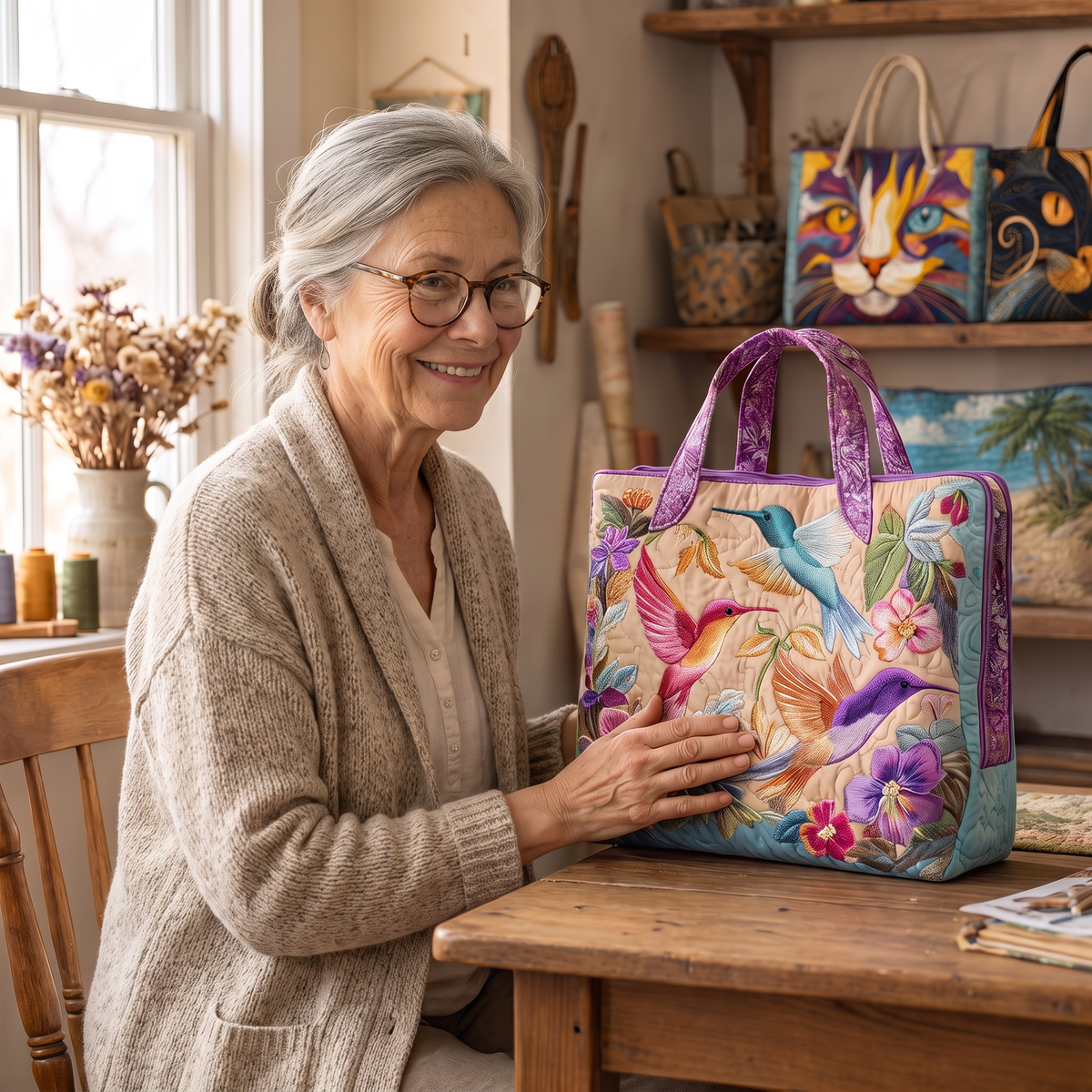 Quilted Tote Bag - Hummingbirds and Pastel Blooms