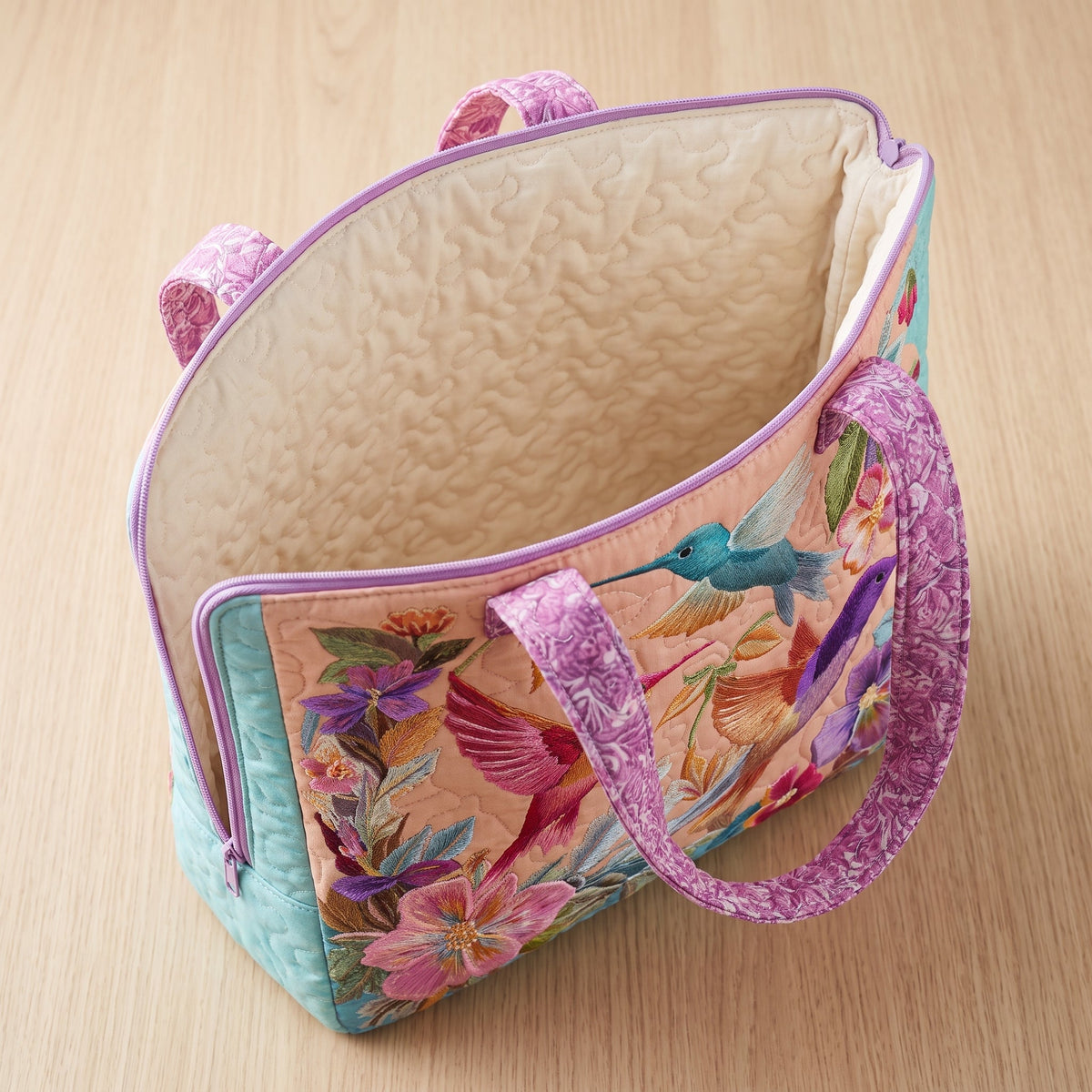 Quilted Tote Bag - Hummingbirds and Pastel Blooms
