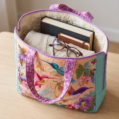 Quilted Tote Bag - Hummingbirds and Pastel Blooms