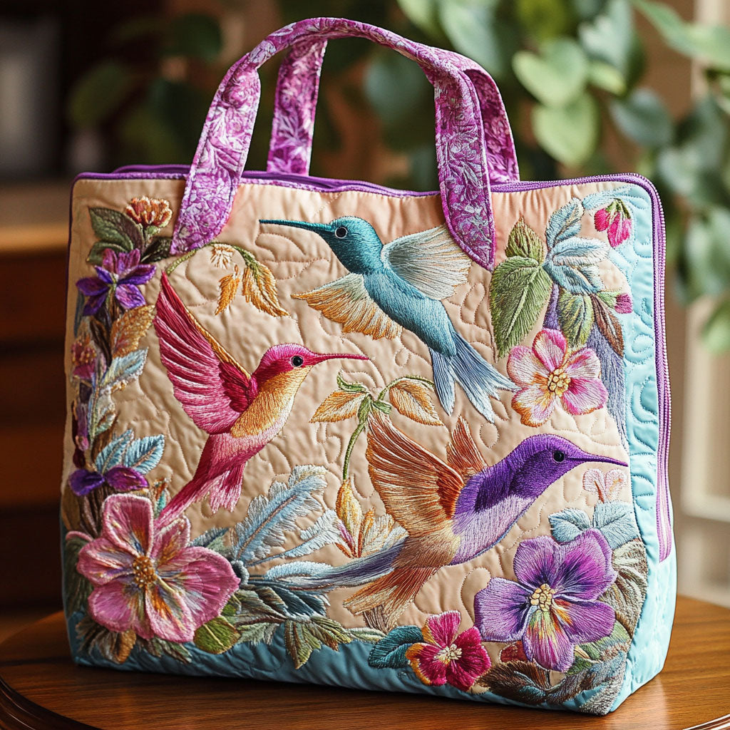 Quilted Tote Bag - Hummingbirds and Pastel Blooms