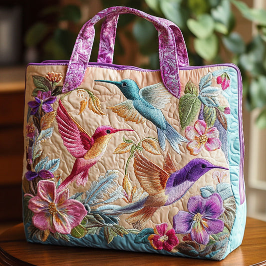Quilted Tote Bag - Hummingbirds and Pastel Blooms