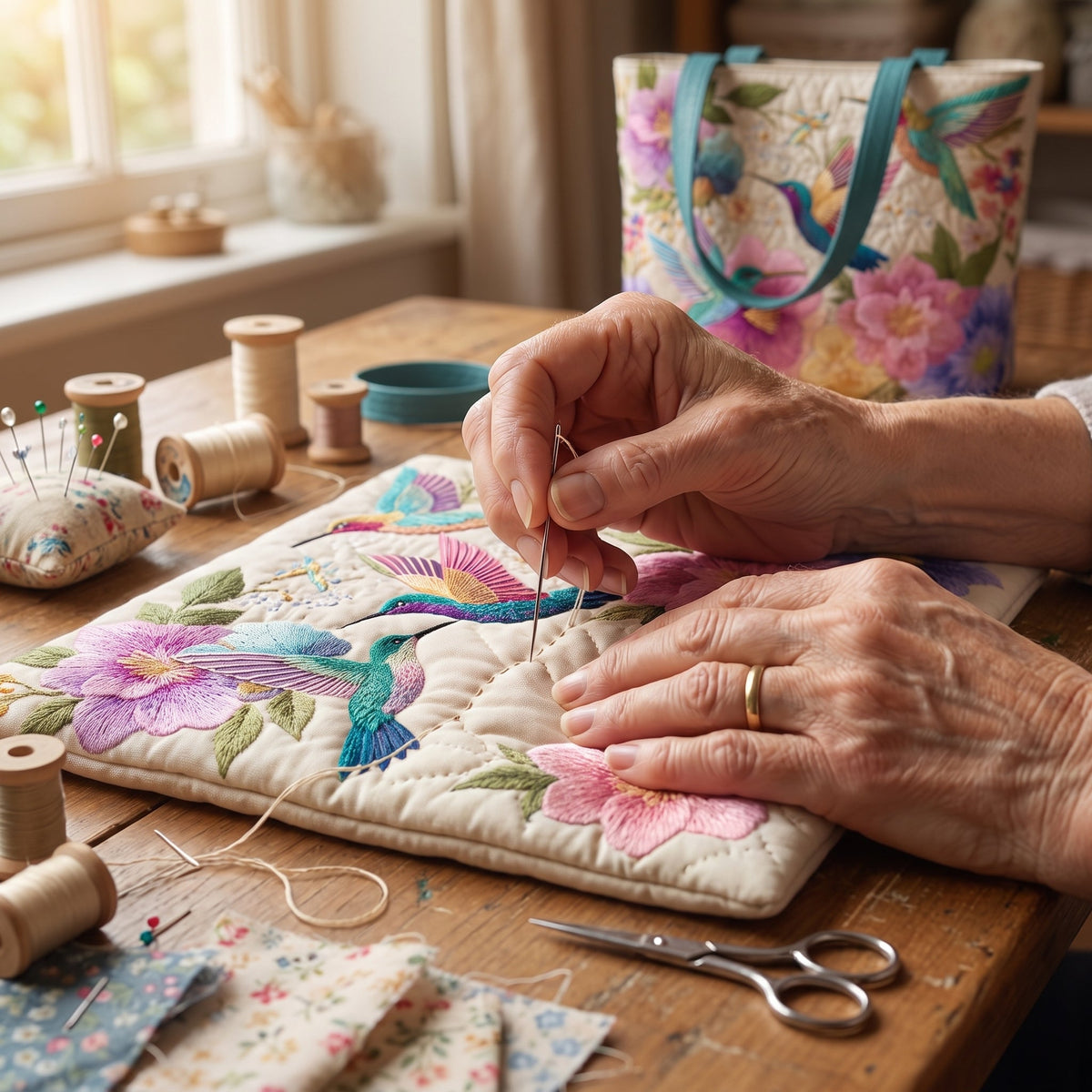 Quilted Tote Bag - Hummingbirds and Pink Peonies