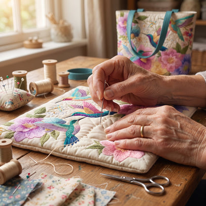 Quilted Tote Bag - Hummingbirds and Pink Peonies