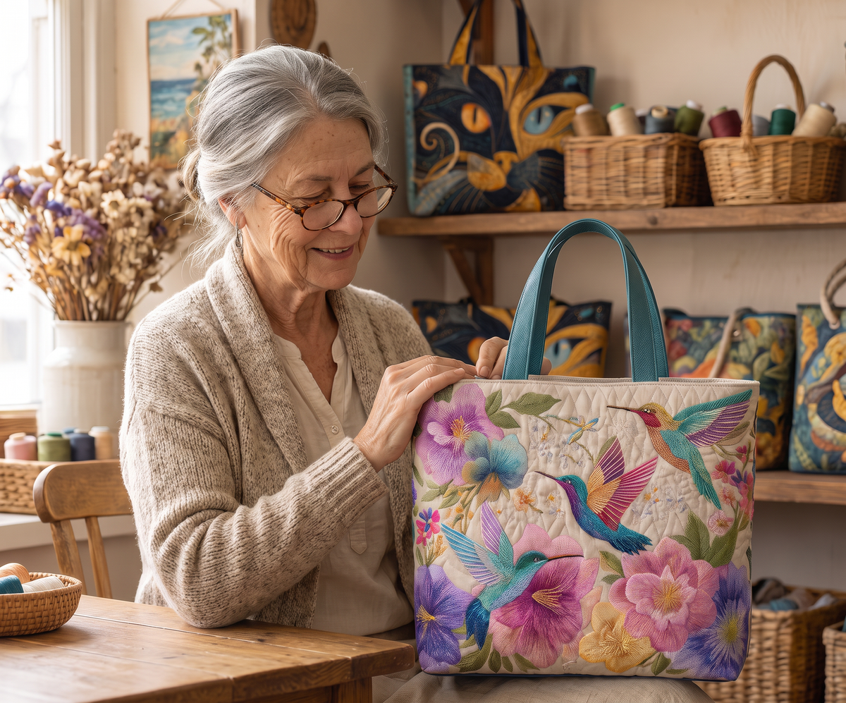Quilted Tote Bag - Hummingbirds and Pink Peonies